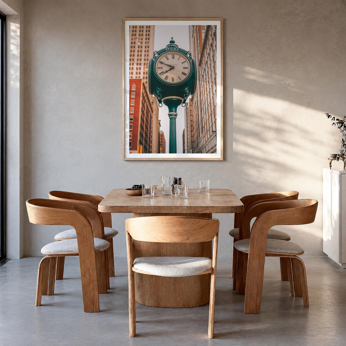 Clock no. 1 colorful photo poster – vertical wall art in natural wood frame with white border, hanging on wall
