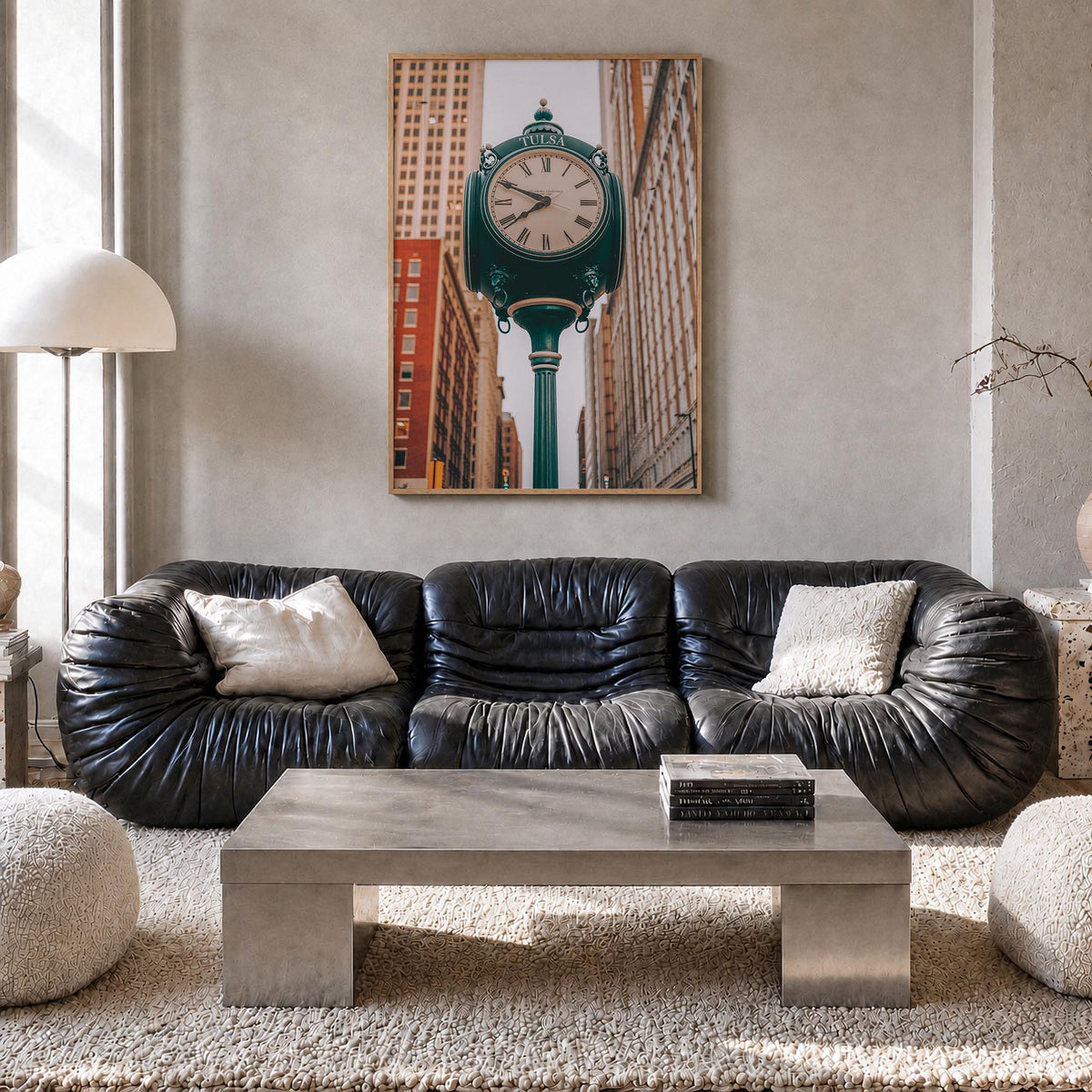 Clock no. 1 colorful photo poster – vertical wall art in natural wood frame, hanging on wall