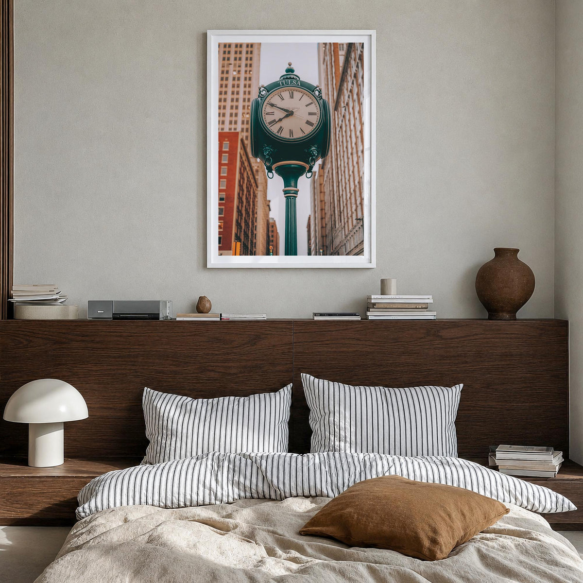 Clock no. 1 colorful photo poster – vertical wall art in white wood frame with white border, hanging on wall