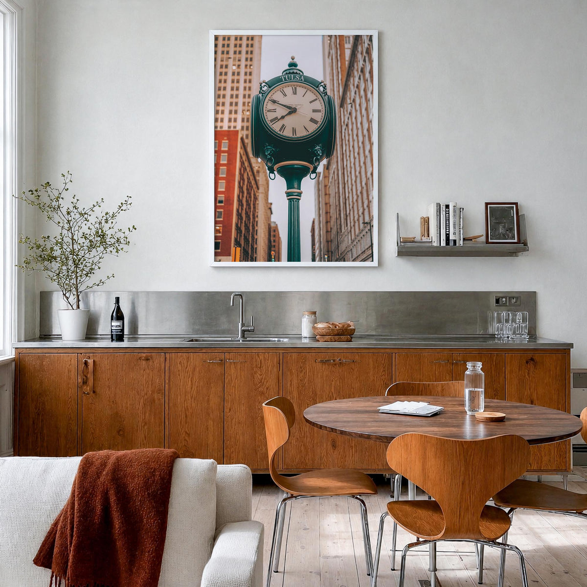 Clock no. 1 colorful photo poster – vertical wall art in white wood frame, hanging on wall