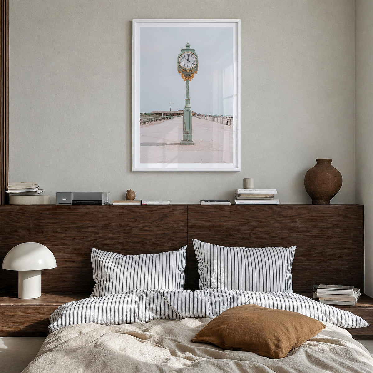Clock no. 2 colorful photo poster – vertical wall art in white wood frame with white border, hanging on wall