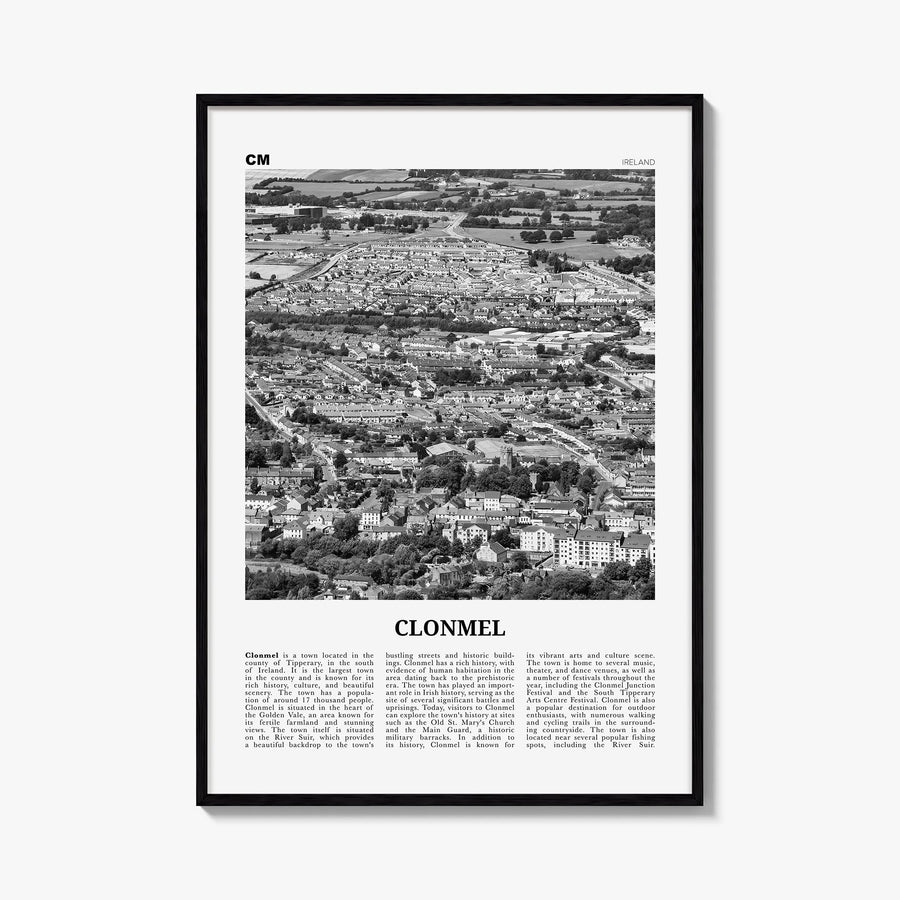 Clonmel black & white newspaper poster of Ireland – vertical wall art, unframed print shown in interior mockup