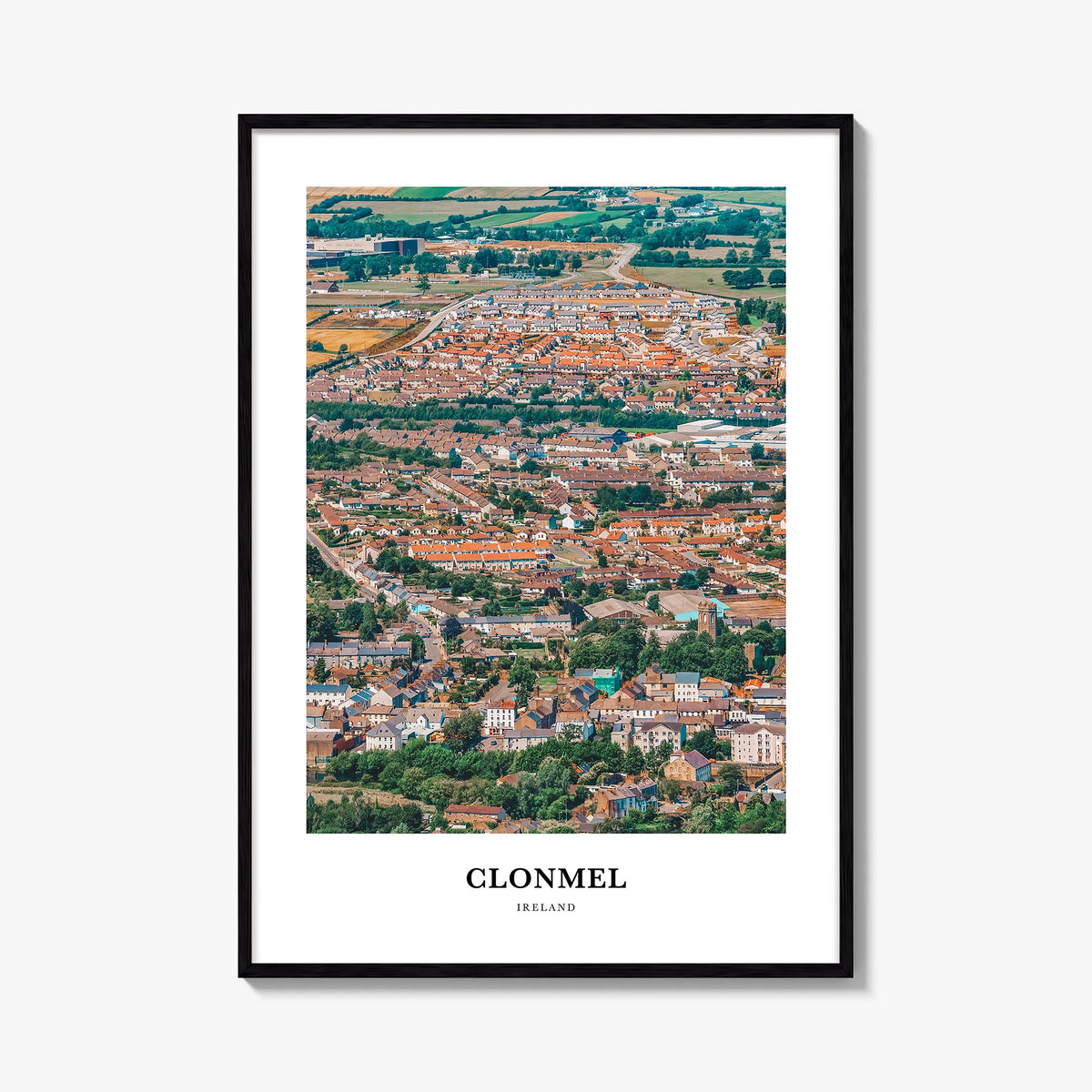 Clonmel colorful classic poster of Ireland – vertical wall art, unframed print shown in interior mockup