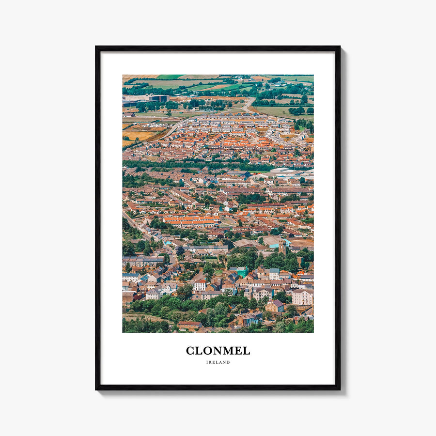 Clonmel colorful classic poster of Ireland – vertical wall art, unframed print shown in interior mockup
