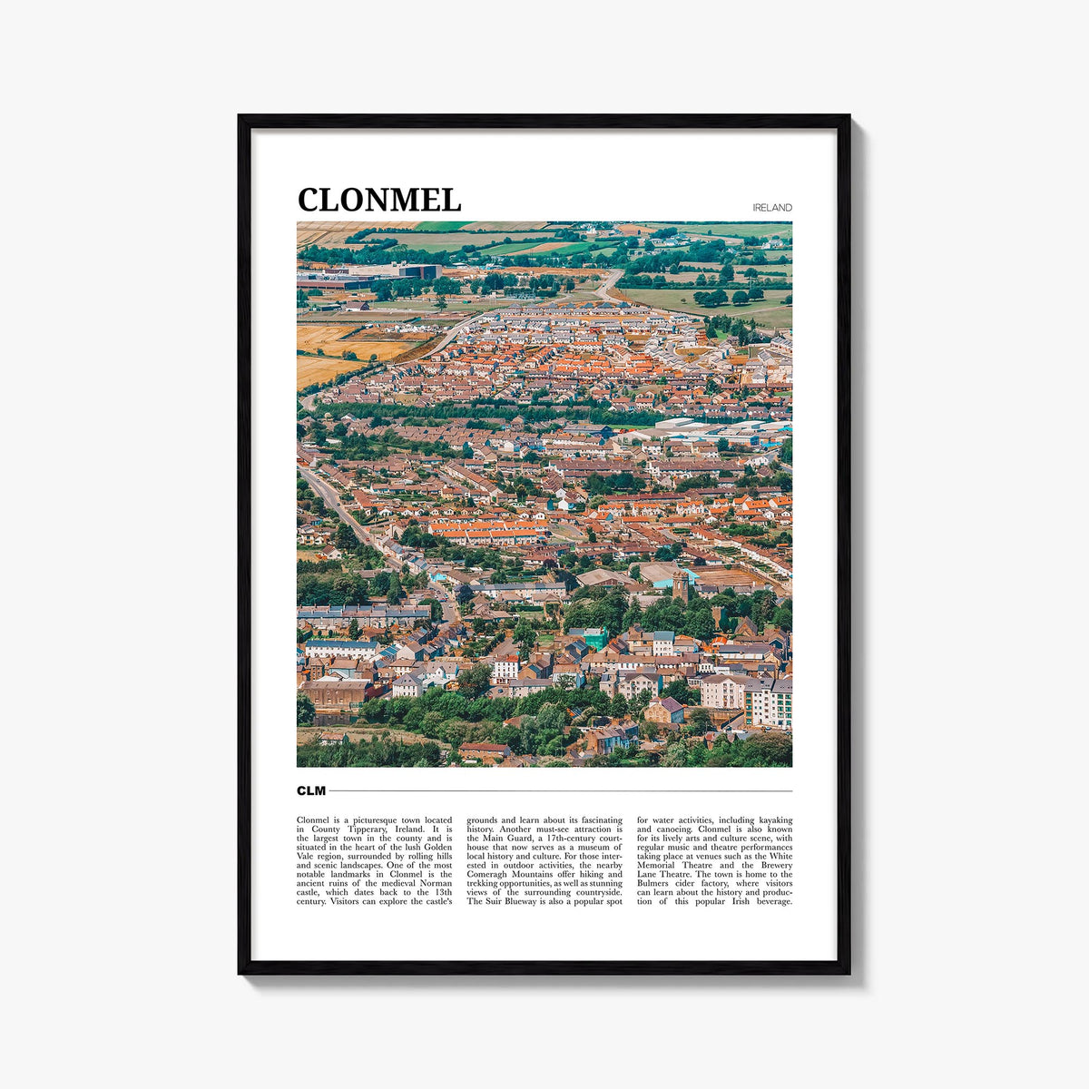 Clonmel colorful travel poster of Ireland – vertical wall art, unframed print shown in interior mockup