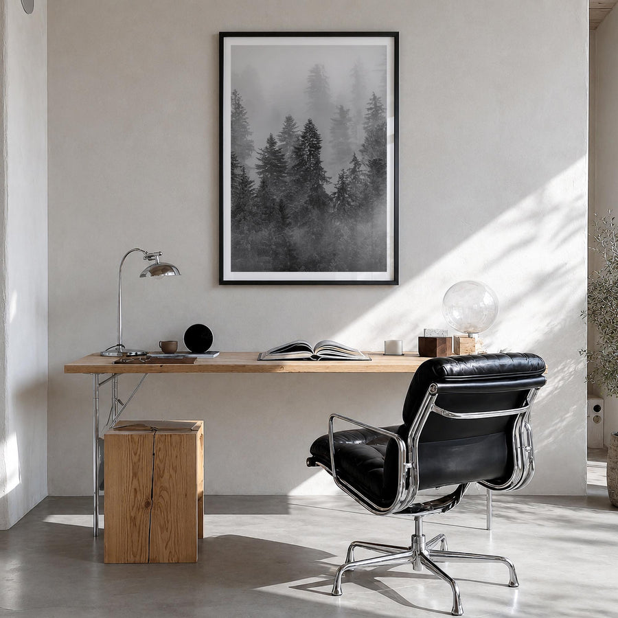 Cloudy Forest no. 1 black & white photo poster – vertical wall art in black wood frame with white border, hanging on wall