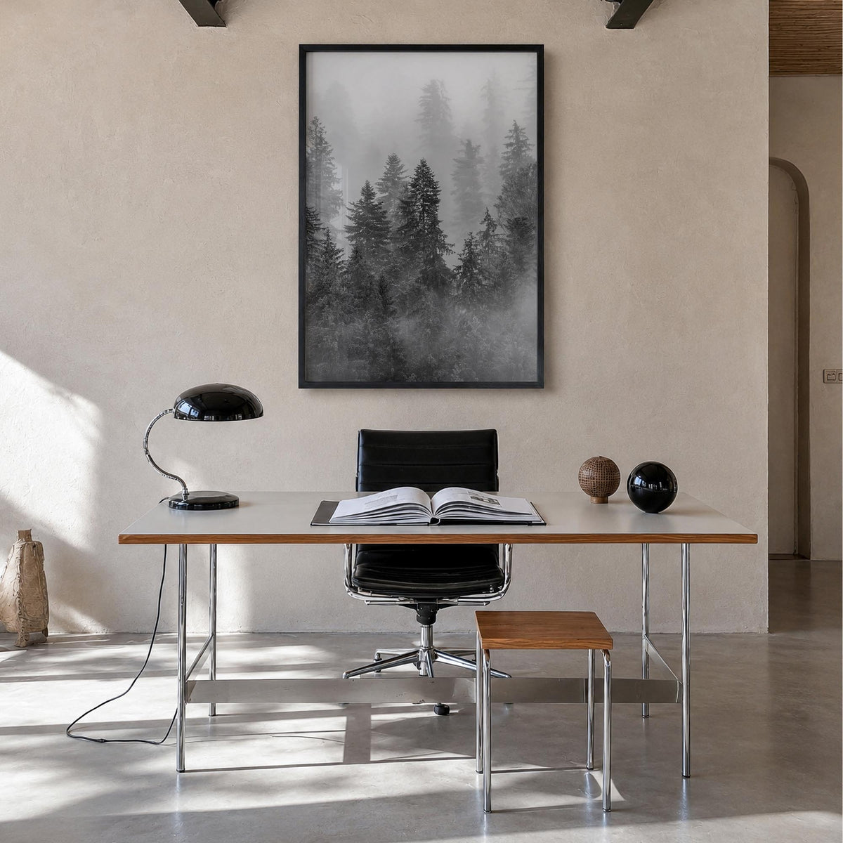 Cloudy Forest no. 1 black & white photo poster – vertical wall art in black wood frame, hanging on wall