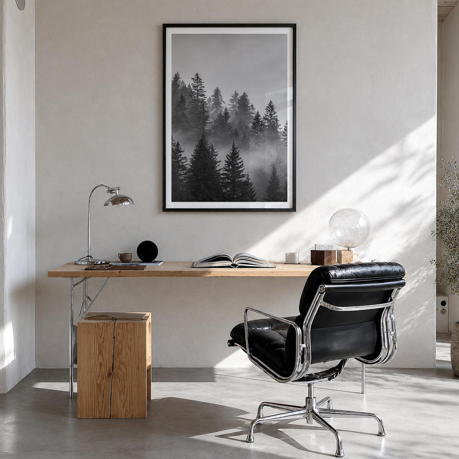 Cloudy Forest no. 2 black & white photo poster – vertical wall art in black wood frame with white border, hanging on wall