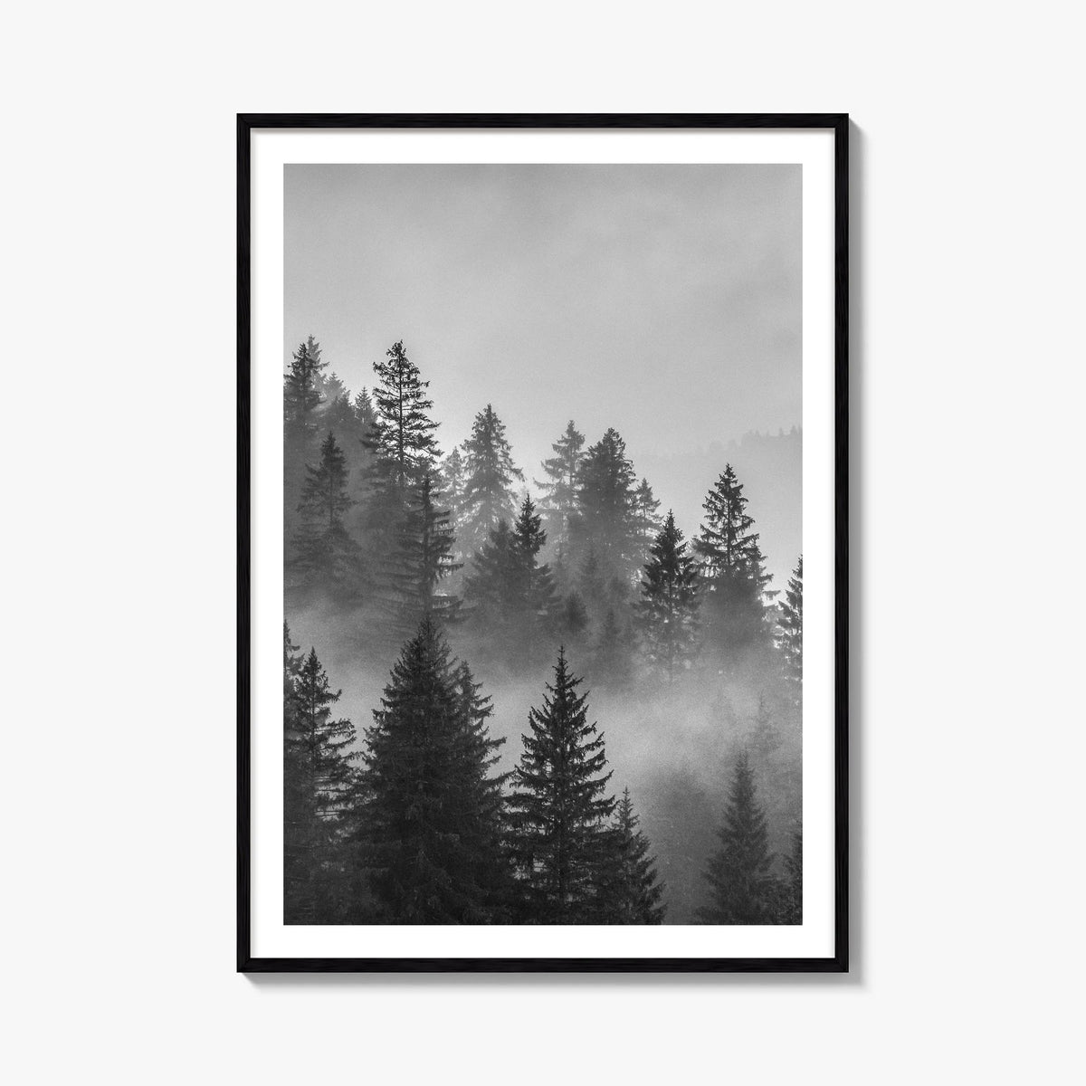 Cloudy Forest no. 2 black & white photo poster – vertical wall art, unframed print shown in interior mockup