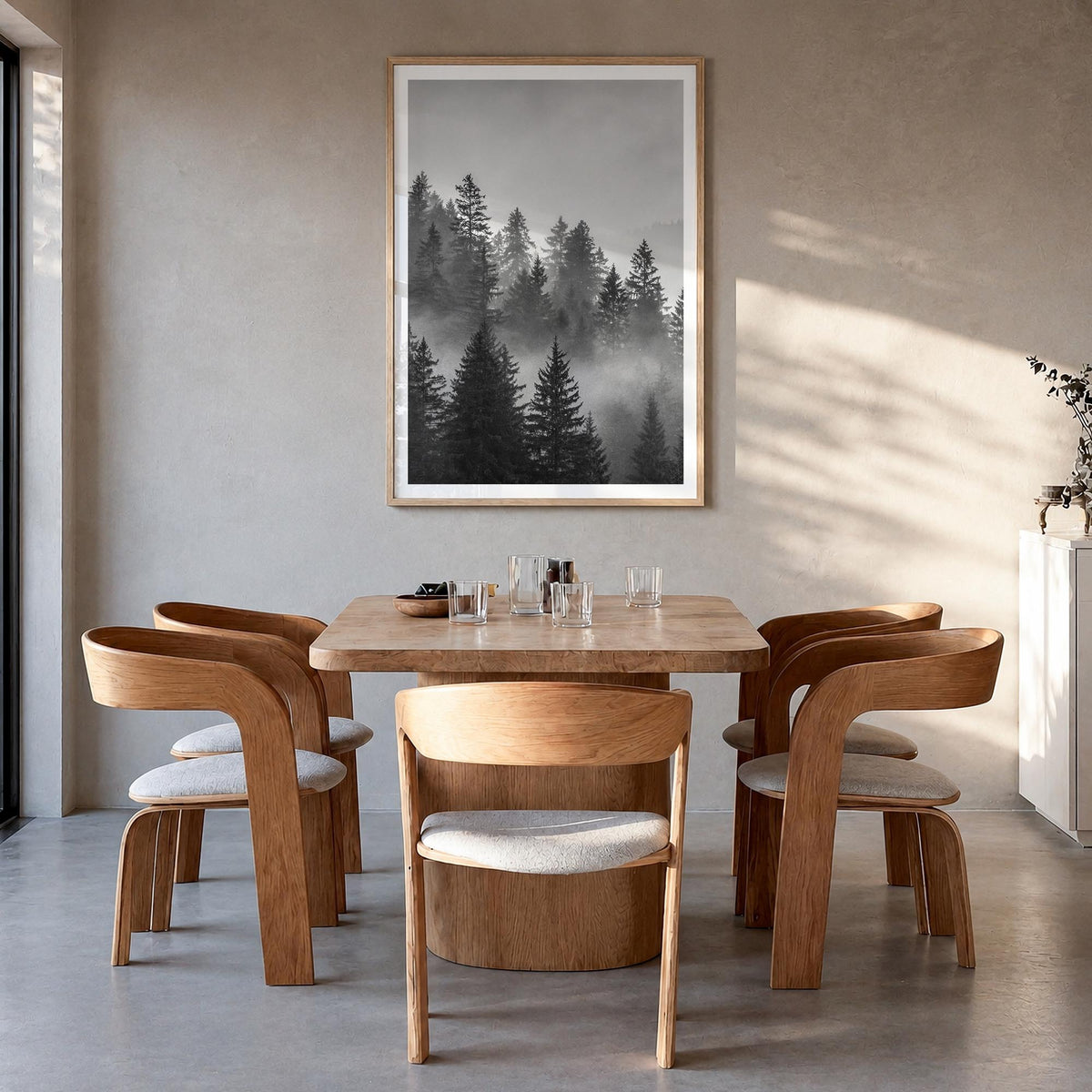 Cloudy Forest no. 2 black & white photo poster – vertical wall art in natural wood frame with white border, hanging on wall