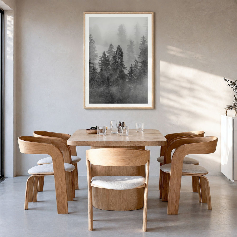 Cloudy Forest Photo No 1 Poster in a natural wood frame, hanging in a dining room, white border