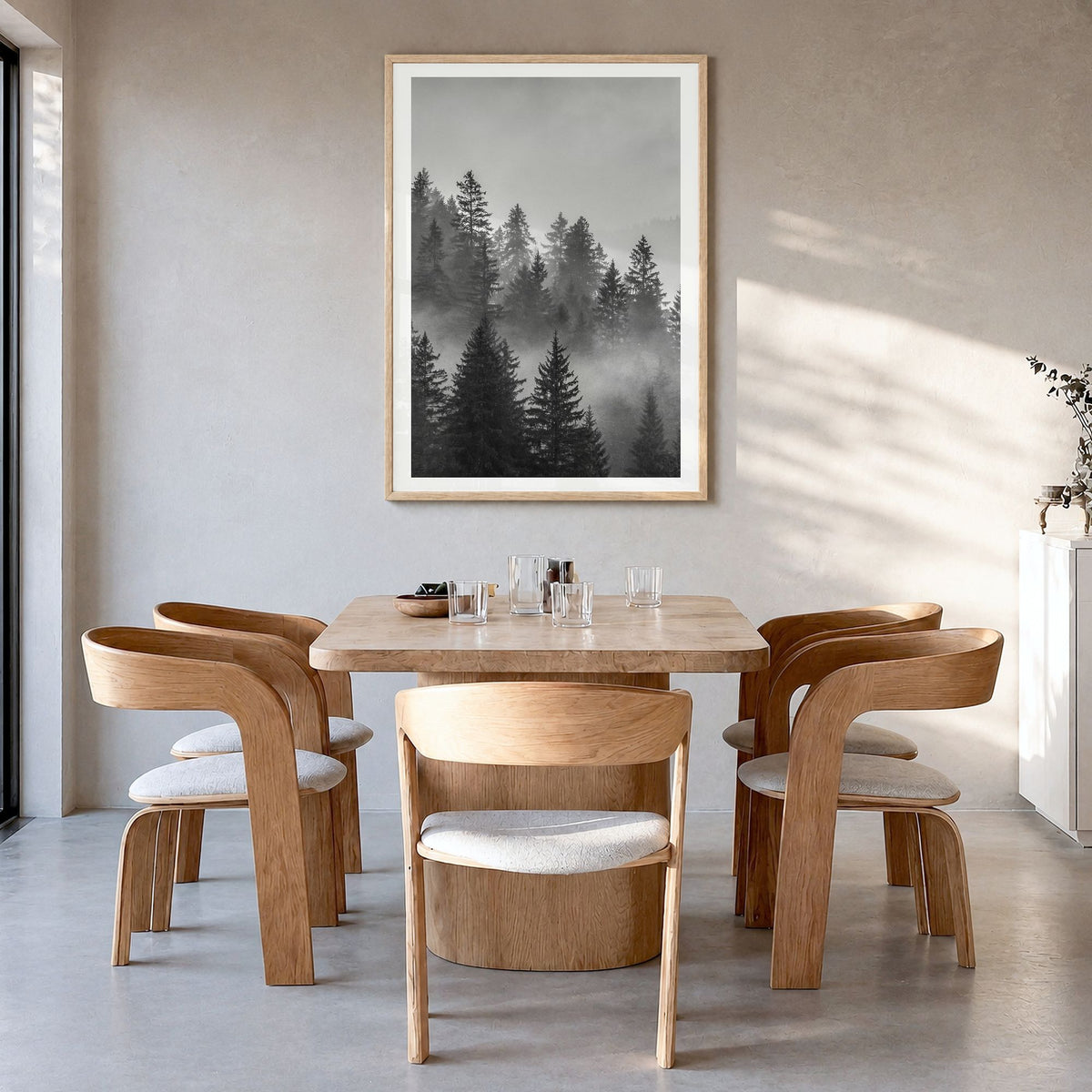 Cloudy Forest Photo No 2 Poster in a natural wood frame, hanging in a dining room, white border
