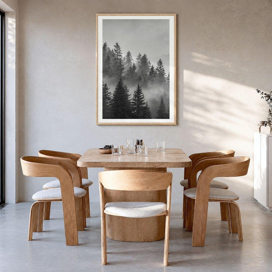 Cloudy Forest Photo No 2 Poster in a natural wood frame, hanging in a dining room, white border