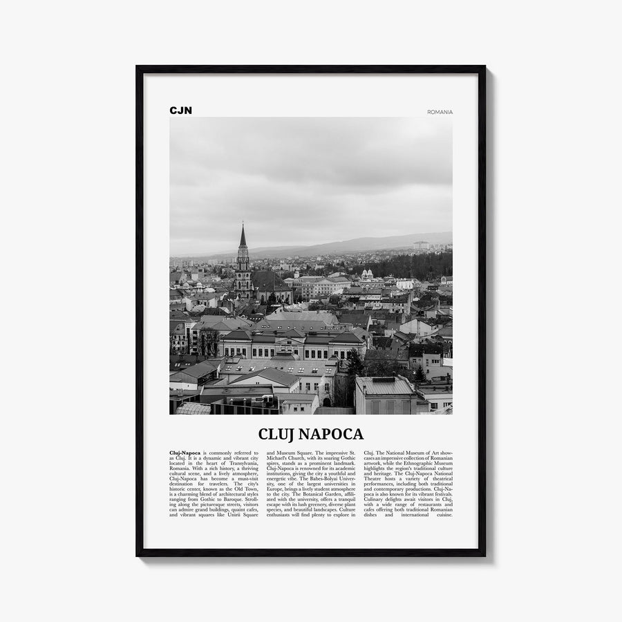 Cluj-Napoca black & white newspaper poster of Romania – vertical wall art, unframed print shown in interior mockup