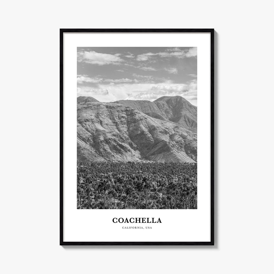 Coachella black & white classic poster of California, USA – vertical wall art, unframed print shown in interior mockup