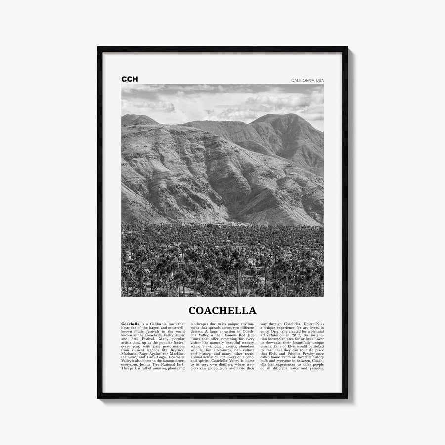Coachella black & white newspaper poster of California, USA – vertical wall art, unframed print shown in interior mockup