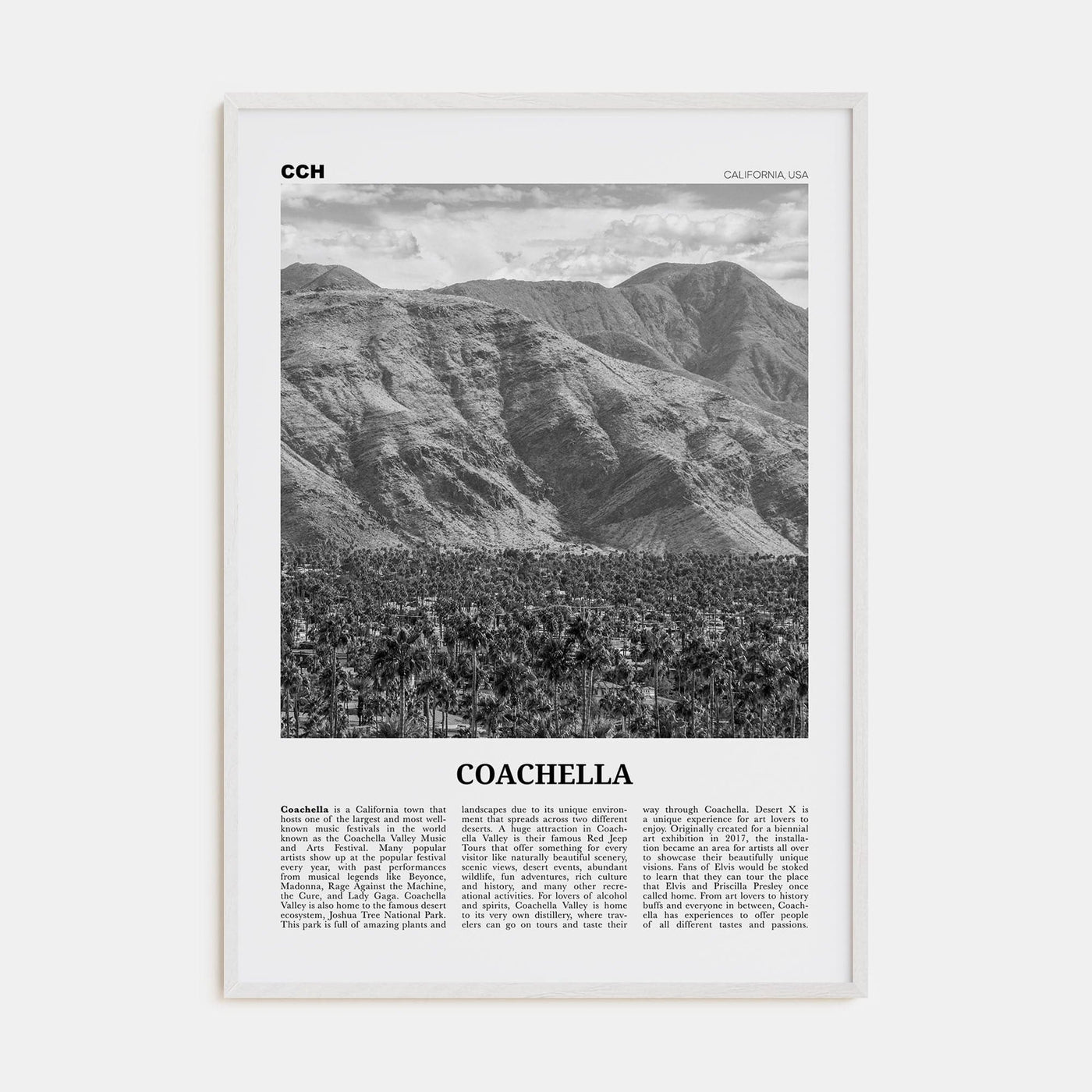 Coachella Poster White Wood / 8x12 in Nbourhood Travel B&W Poster