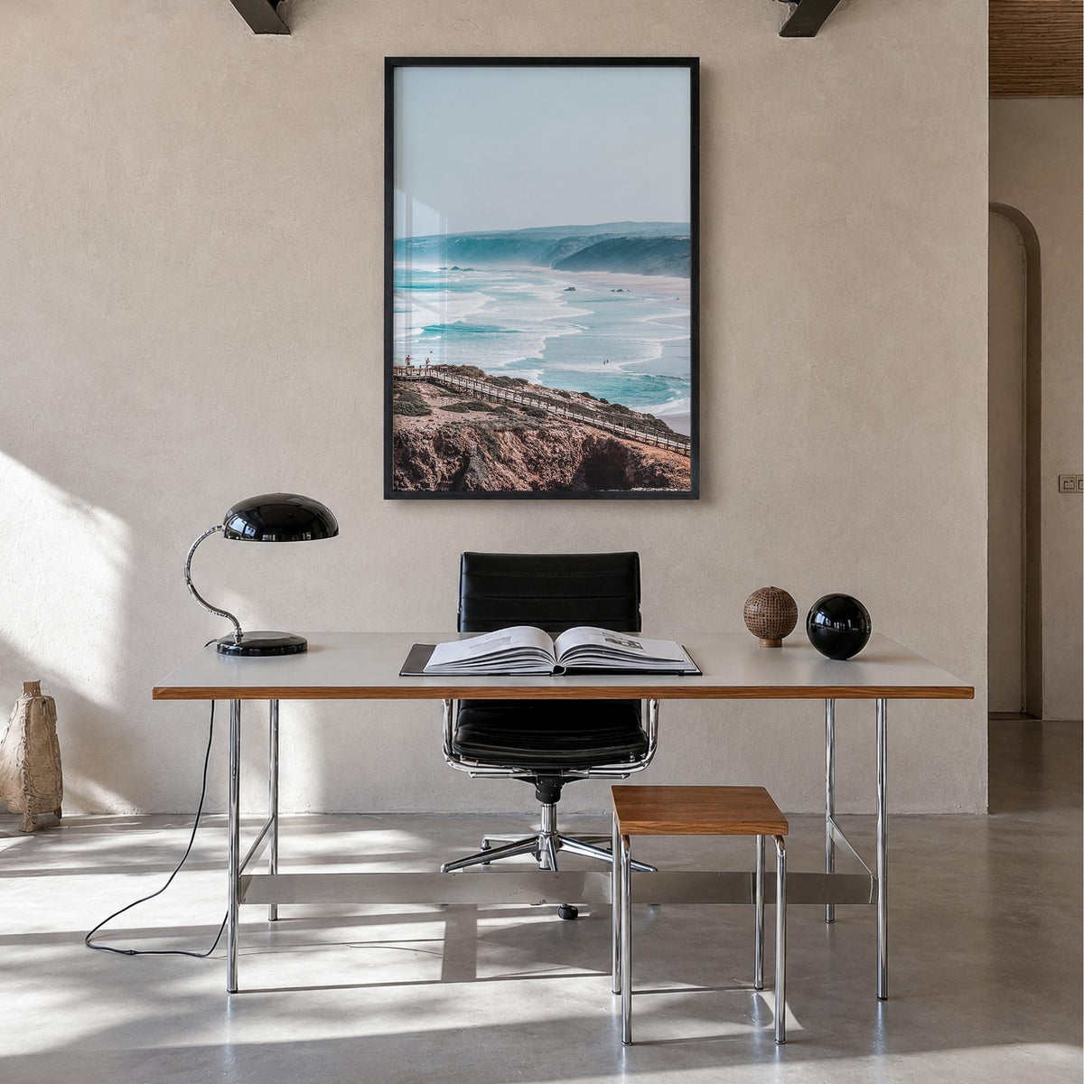 Coastline Waves colorful photo poster – vertical wall art in black wood frame, hanging on wall