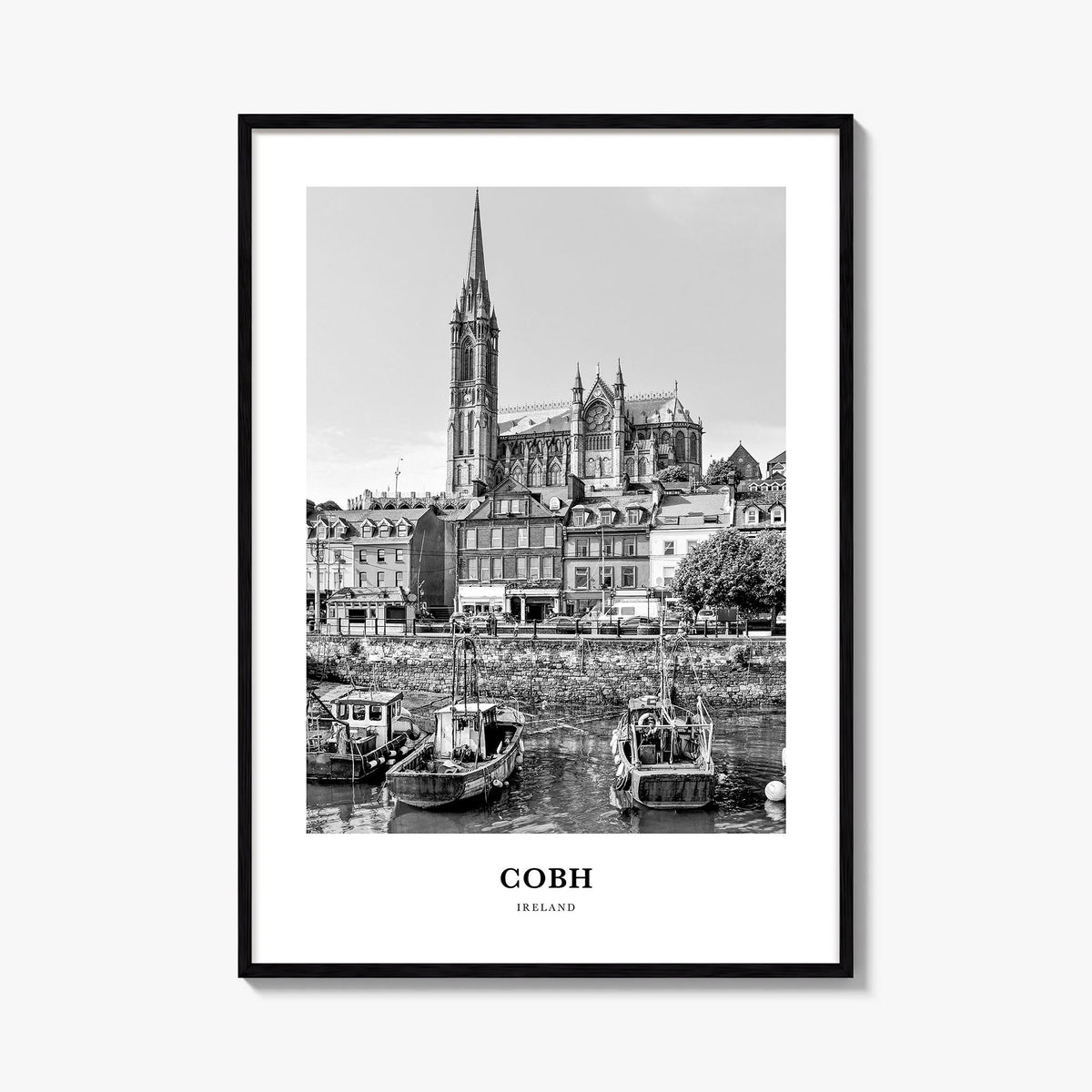 Cobh no. 1 black & white classic poster of Ireland – vertical wall art, unframed print shown in interior mockup