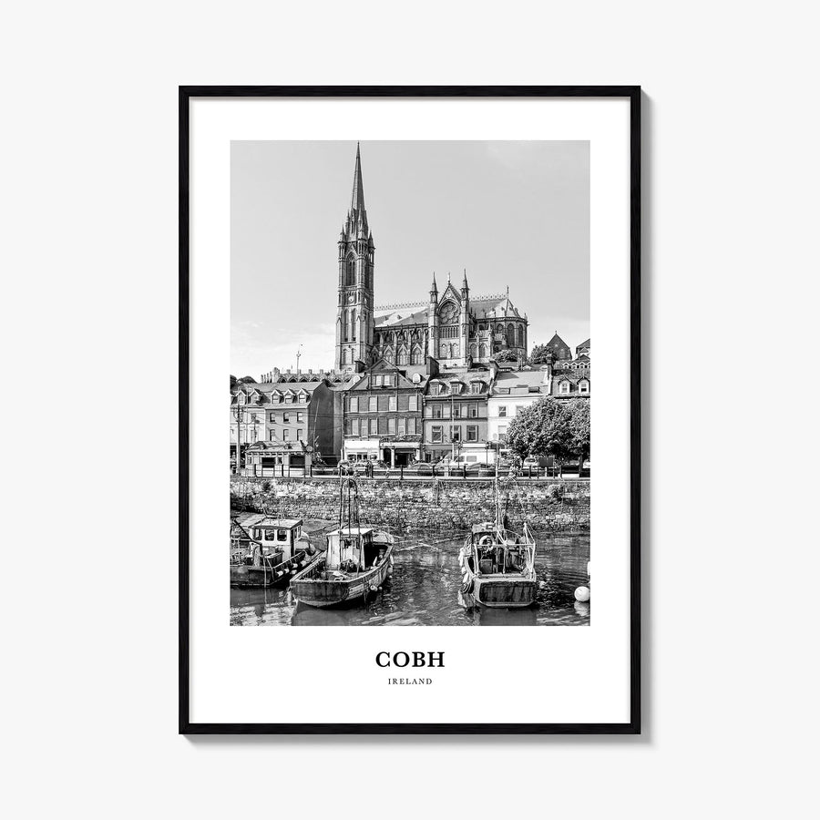 Cobh no. 1 black & white classic poster of Ireland – vertical wall art, unframed print shown in interior mockup
