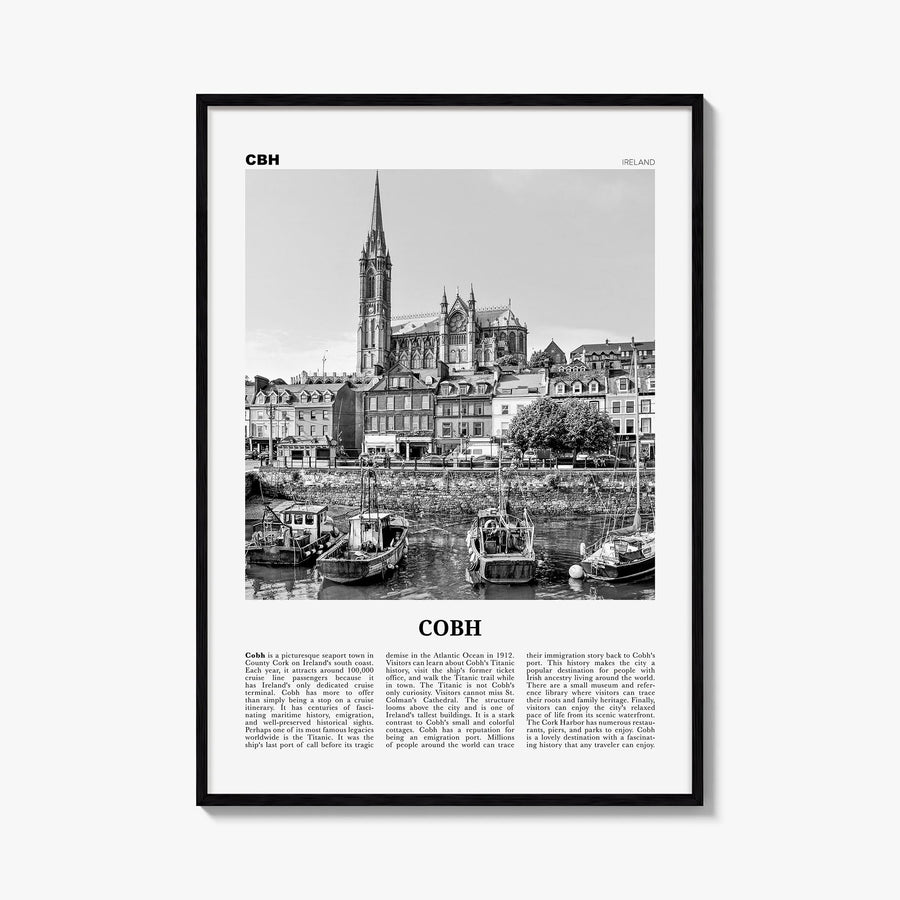 Cobh no. 1 black & white newspaper poster of Ireland – vertical wall art, unframed print shown in interior mockup
