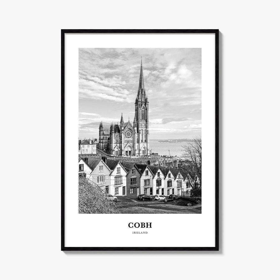 Cobh no. 2 black & white classic poster of Ireland – vertical wall art, unframed print shown in interior mockup