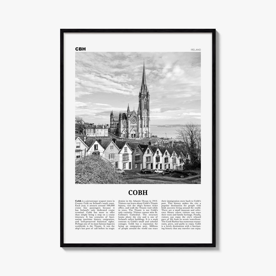 Cobh no. 2 black & white newspaper poster of Ireland – vertical wall art, unframed print shown in interior mockup