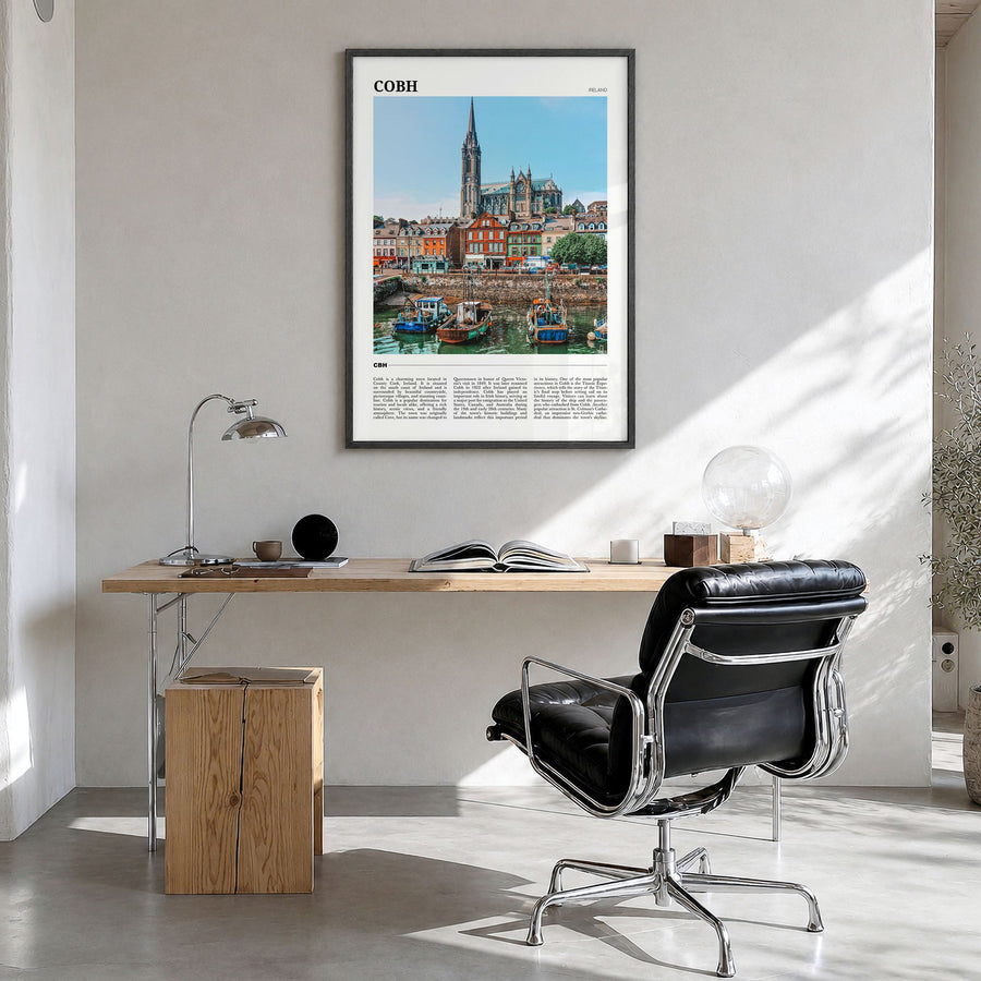 Cobh Travel Poster in a black wood frame, hanging in a bright home office