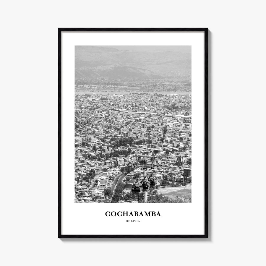 Cochabamba black & white classic poster of Bolivia – vertical wall art, unframed print shown in interior mockup