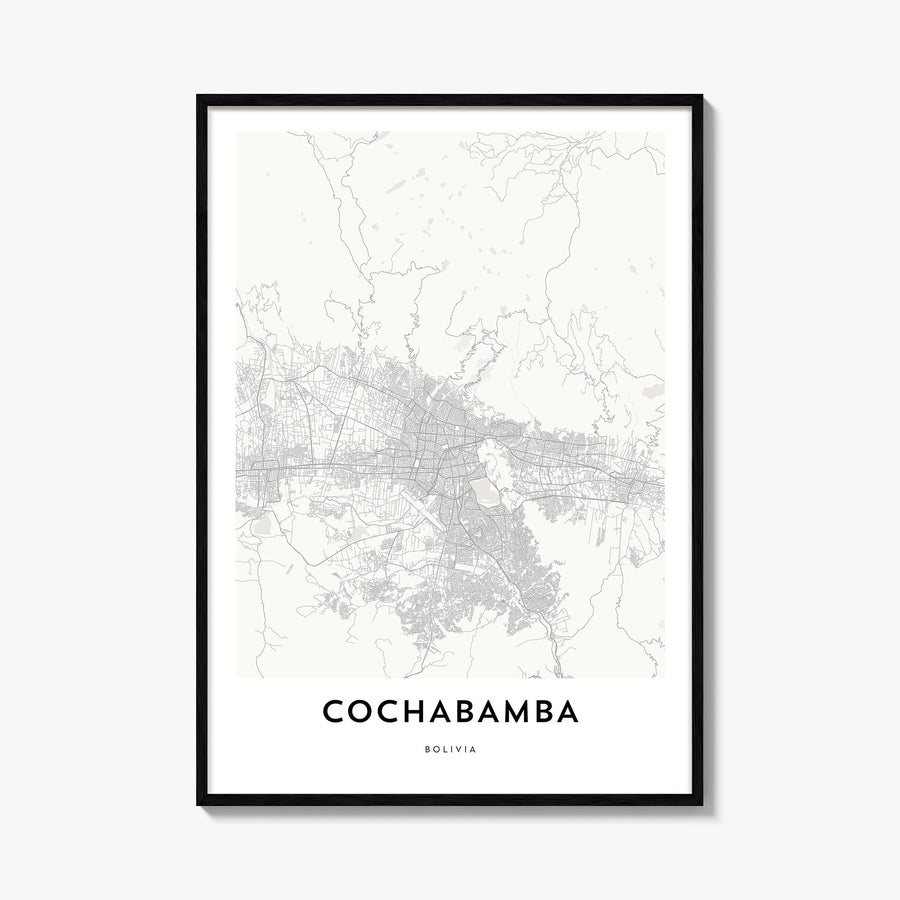 Cochabamba black & white map poster of Bolivia – vertical wall art, unframed print shown in interior mockup