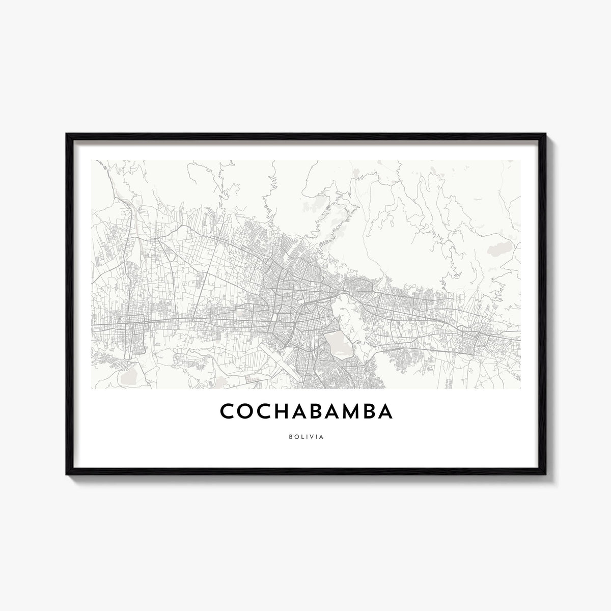 Cochabamba black & white map poster of Bolivia – horizontal wall art, unframed print shown in interior mockup