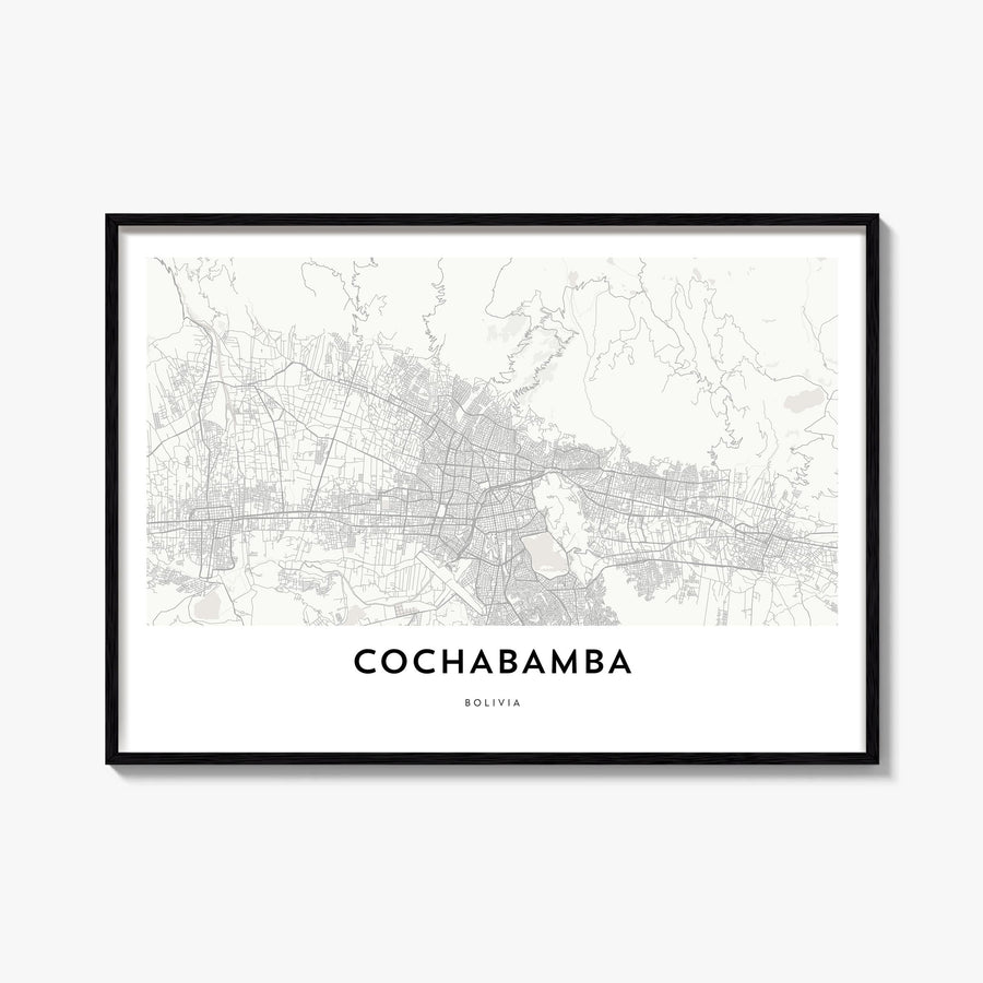 Cochabamba black & white map poster of Bolivia – horizontal wall art, unframed print shown in interior mockup