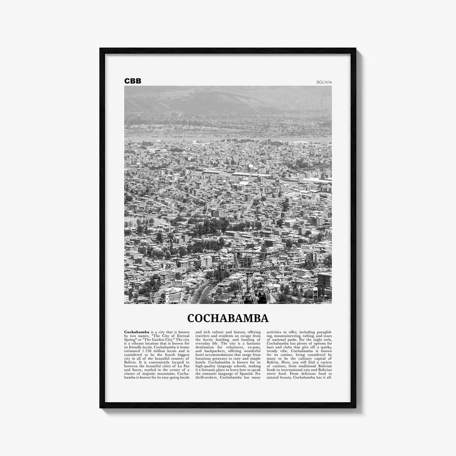 Cochabamba black & white newspaper poster of Bolivia – vertical wall art, unframed print shown in interior mockup