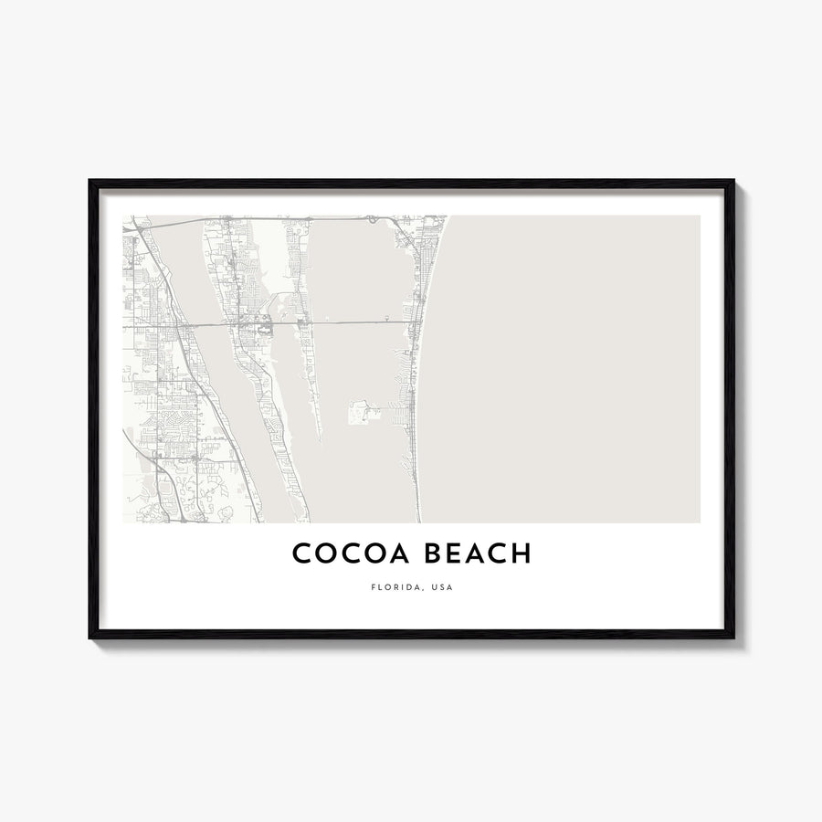 Cocoa Beach black & white map poster of Florida, USA – horizontal wall art, unframed print shown in interior mockup