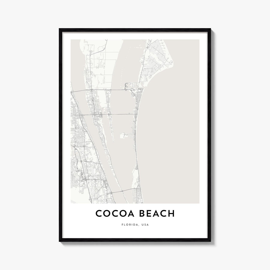 Cocoa Beach black & white map poster of Florida, USA – vertical wall art, unframed print shown in interior mockup