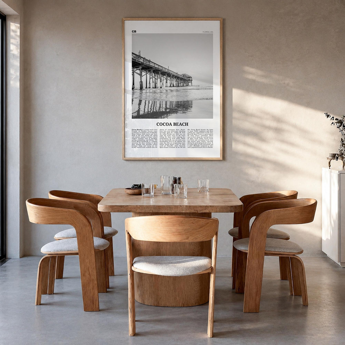 Cocoa Beach black & white newspaper poster of Florida, USA – vertical wall art in natural wood frame, hanging on wall