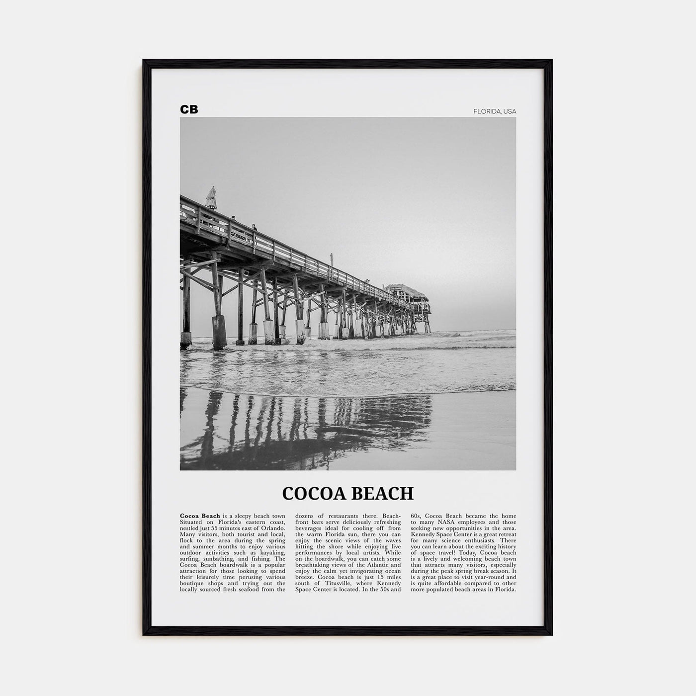 Cocoa Beach Poster Black Wood / 8x12 in Nbourhood Travel B&W Poster