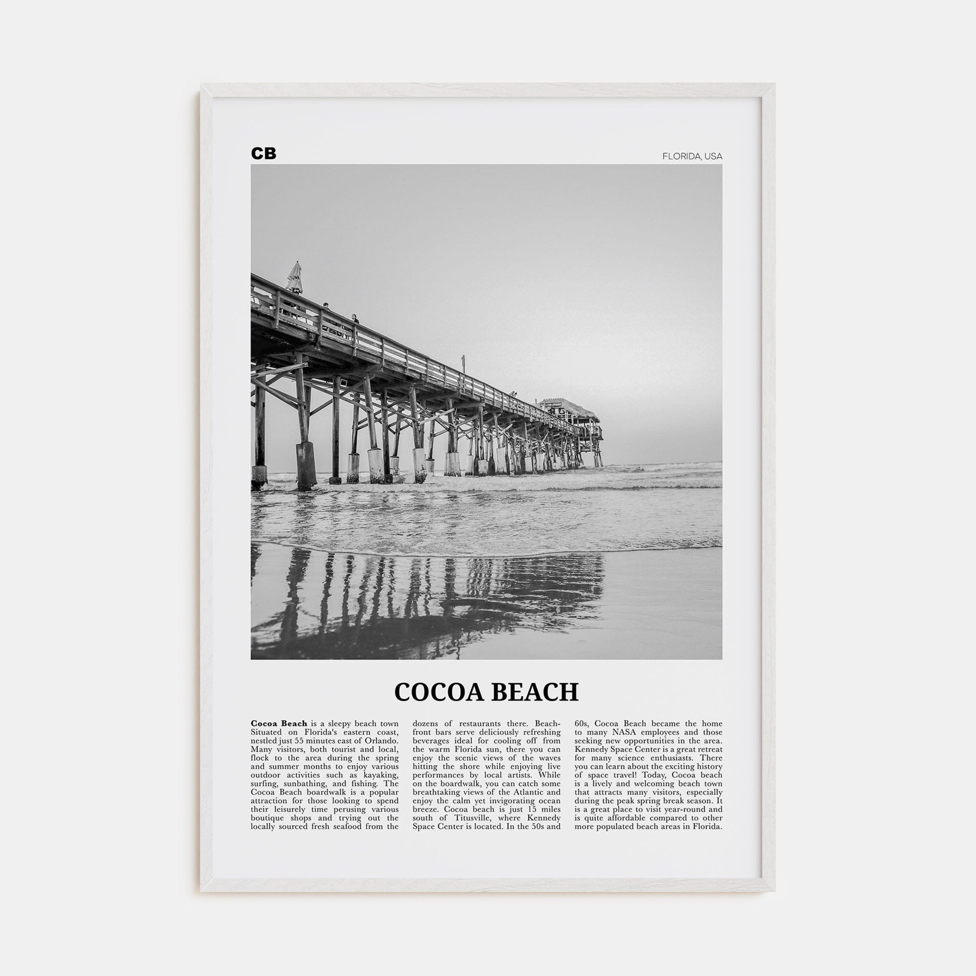 Cocoa Beach Poster White Wood / 8x12 in Nbourhood Travel B&W Poster