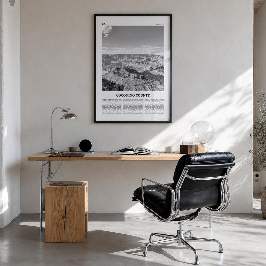 Coconino County black & white newspaper poster of Arizona, USA – vertical wall art in black wood frame, hanging on wall