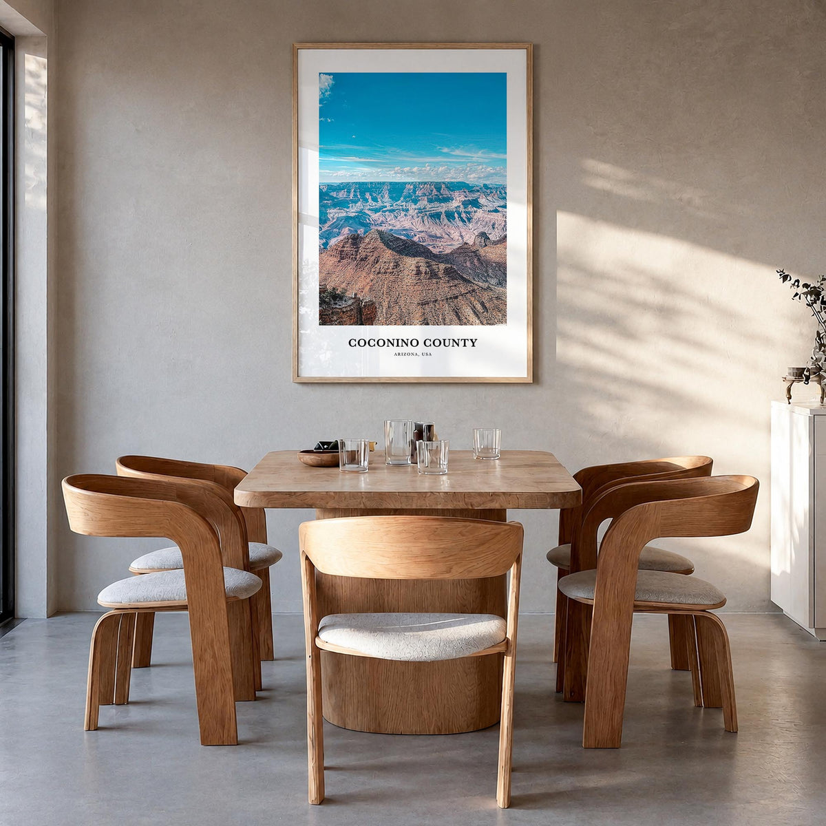 Coconino County colorful classic poster of Arizona, USA – vertical wall art in natural wood frame, hanging on wall