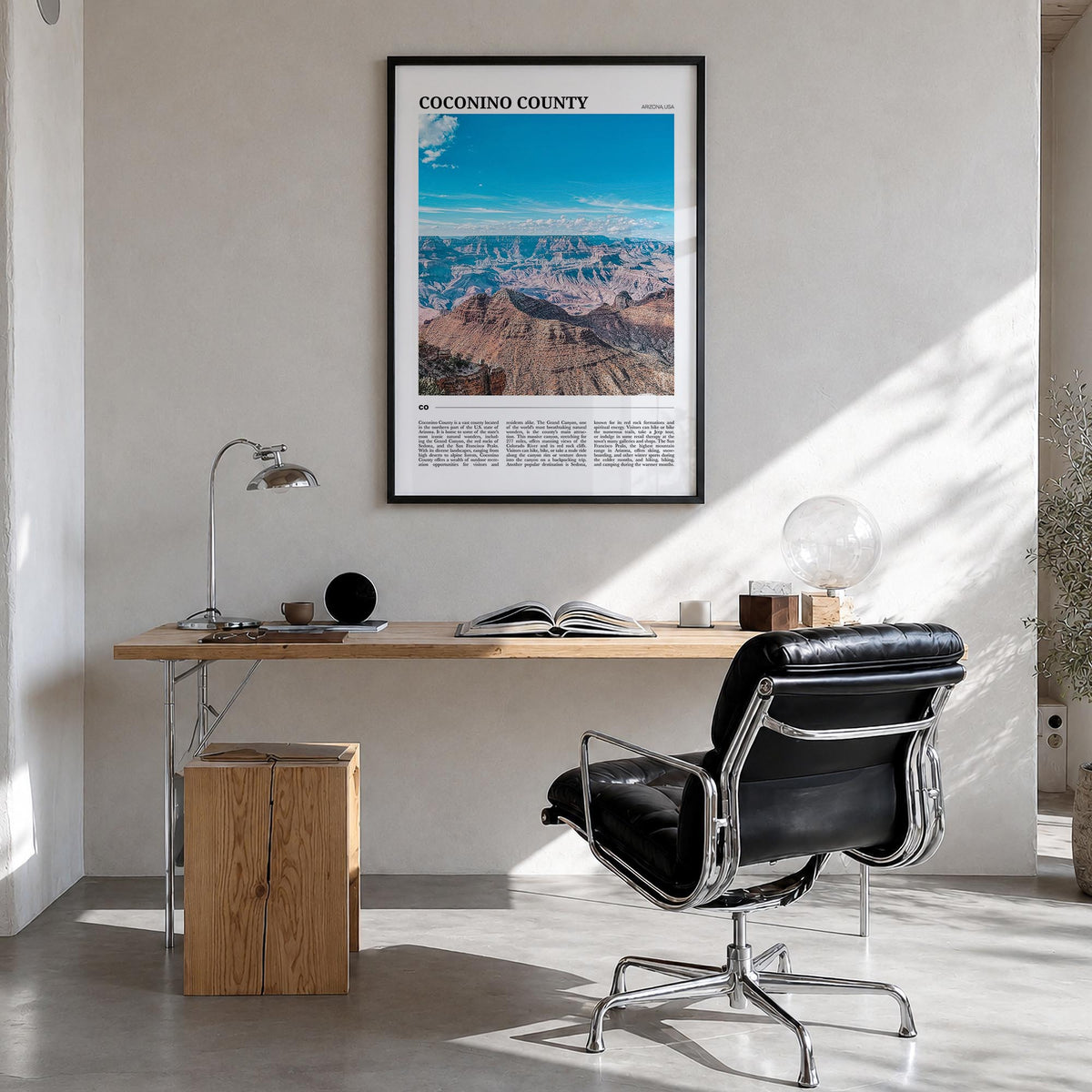 Coconino County colorful travel poster of Arizona, USA – vertical wall art in black wood frame, hanging on wall