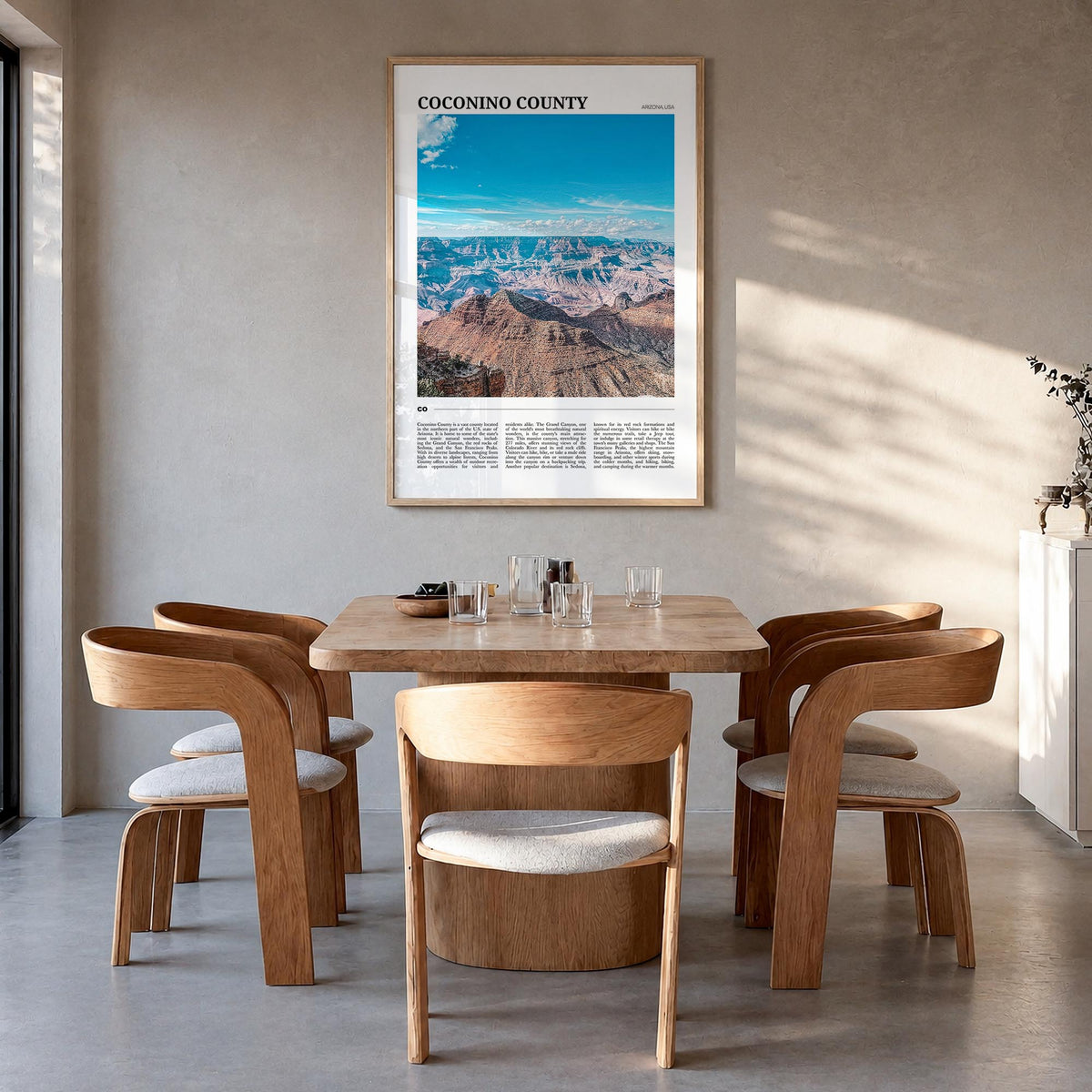 Coconino County colorful travel poster of Arizona, USA – vertical wall art in natural wood frame, hanging on wall