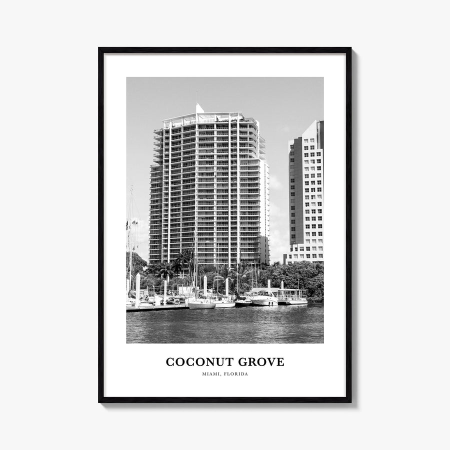 Coconut Grove black & white classic poster of Miami, Florida – vertical wall art, unframed print shown in interior mockup