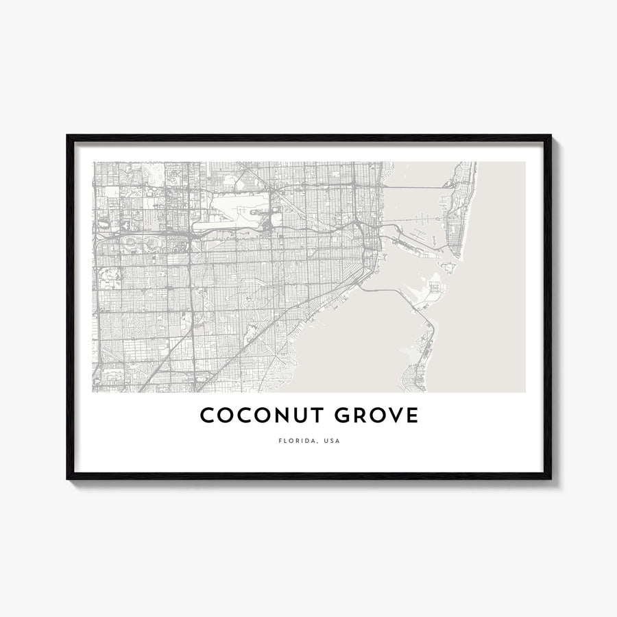 Coconut Grove black & white map poster of Miami, Florida – horizontal wall art, unframed print shown in interior mockup