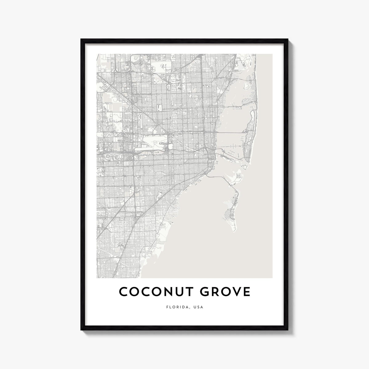 Coconut Grove black & white map poster of Miami, Florida – vertical wall art, unframed print shown in interior mockup