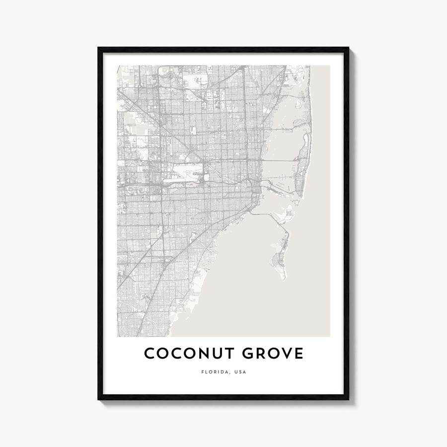 Coconut Grove black & white map poster of Miami, Florida – vertical wall art, unframed print shown in interior mockup
