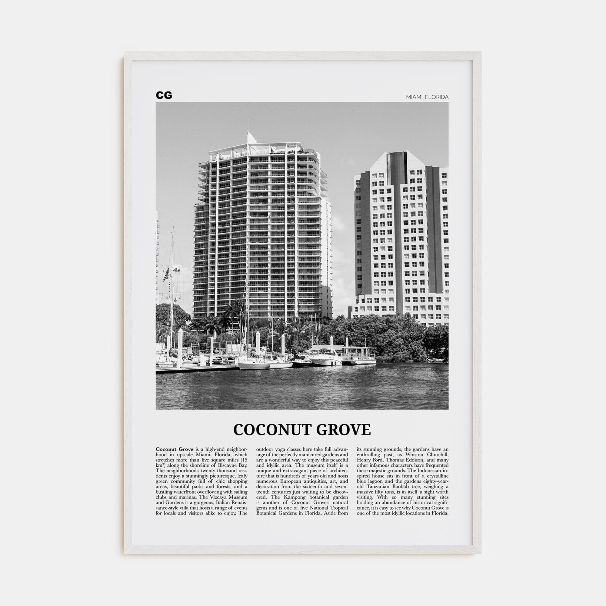 Coconut Grove Poster White Wood / 8x12 in Nbourhood Travel B&W Poster