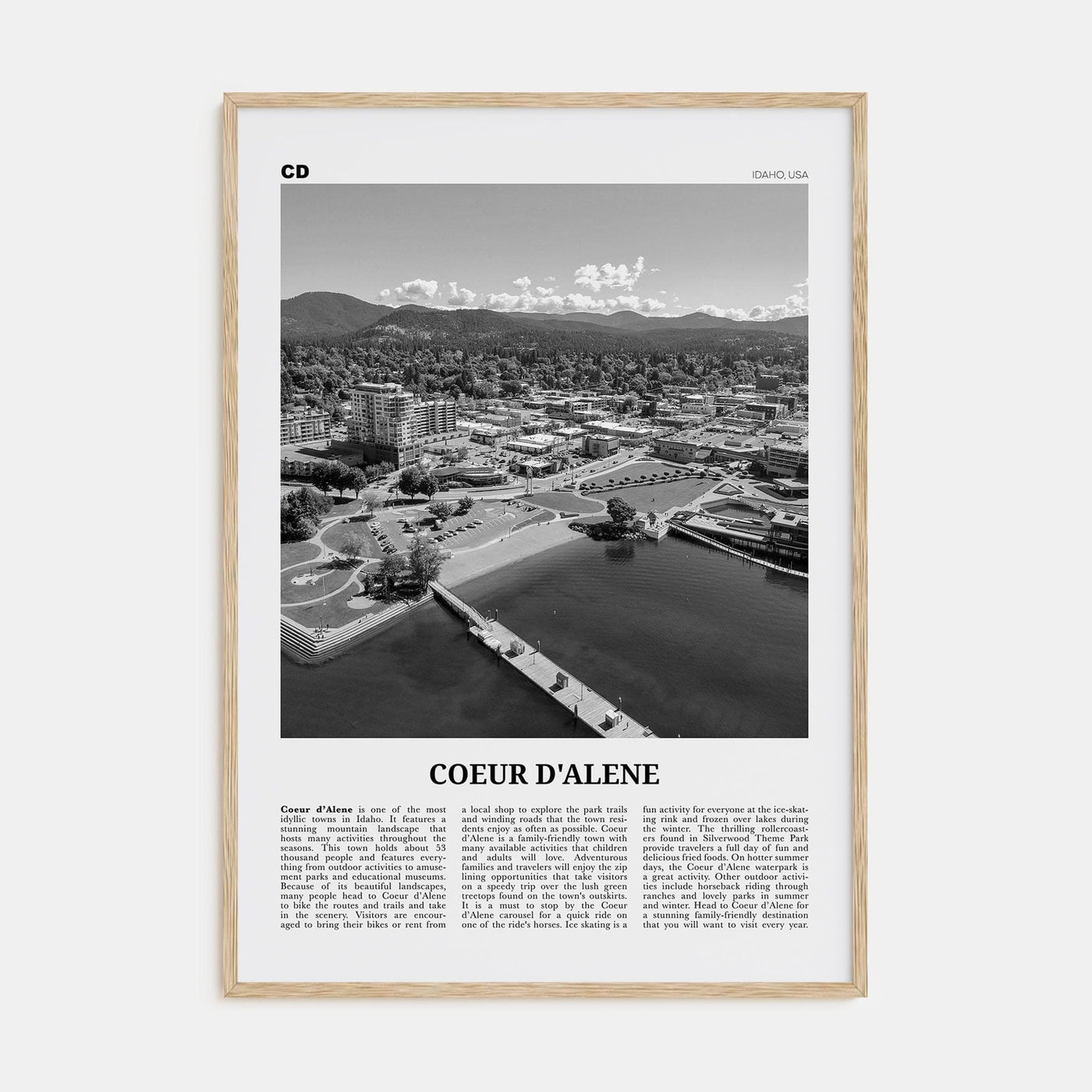 Coeur d'Alene Poster Natural Wood / 8x12 in Nbourhood Travel B&W Poster