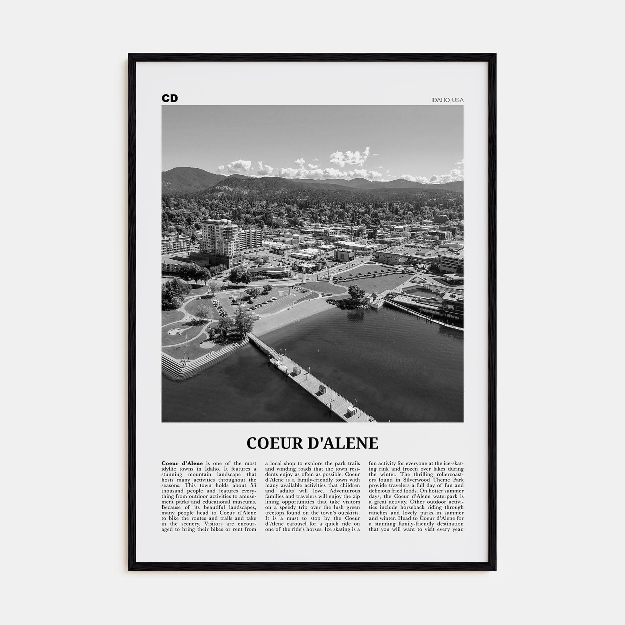 Coeur d'Alene Poster Black Wood / 8x12 in Nbourhood Travel B&W Poster