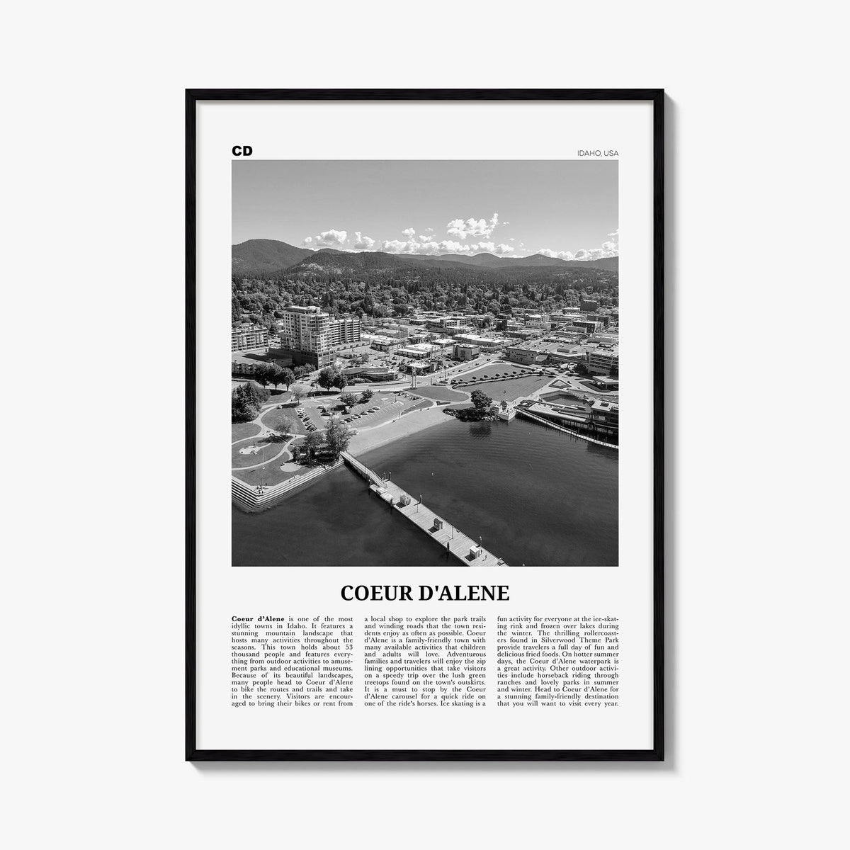 Coeur d'Alene black & white newspaper poster of Idaho, USA – vertical wall art, unframed print shown in interior mockup